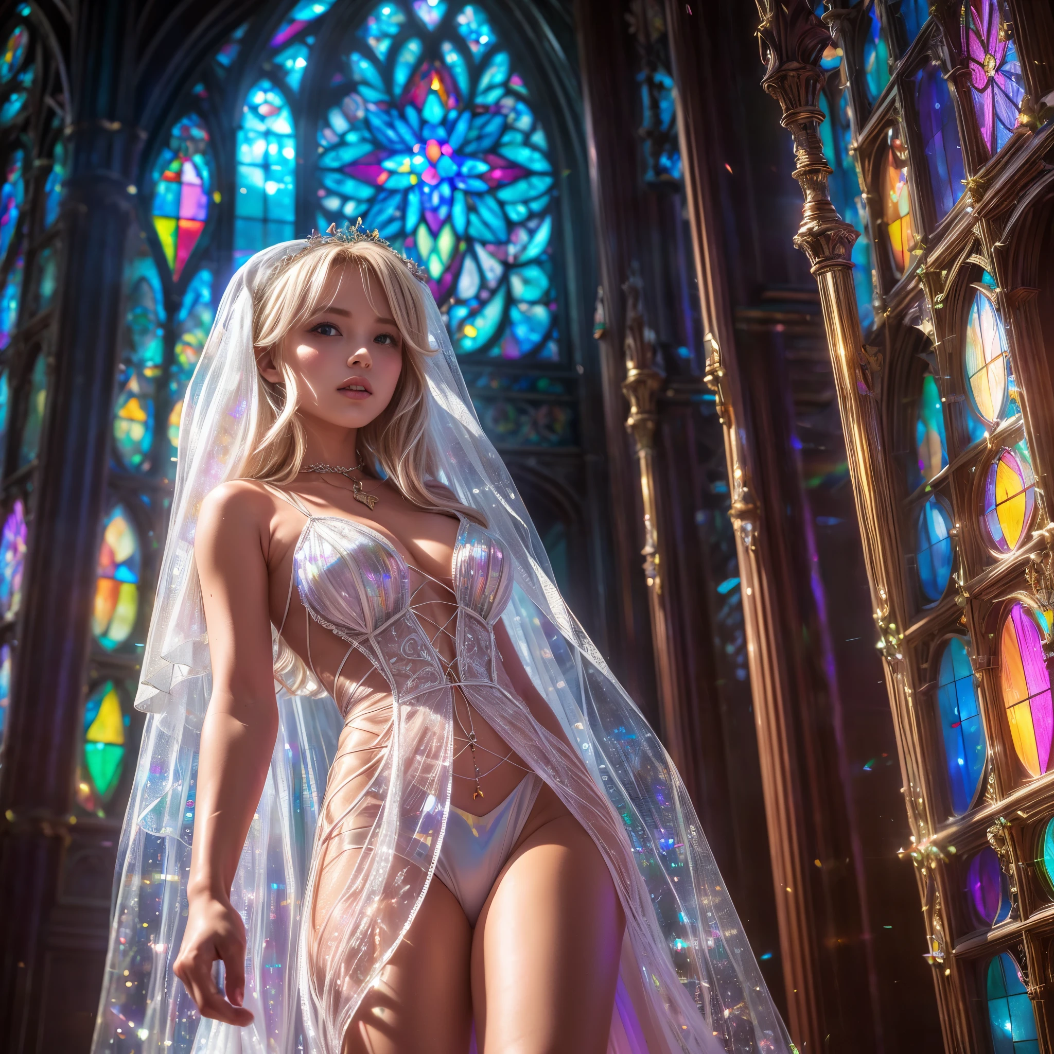 (Cathedral from below:1.28) (ZoomLayer) TopQuality 8K masterpiece of ((Professional photo)), (((Clarisse de Cagliostro))) (Detailed White WeddingDresses), Chain, (((Extremely detailed KAWAII face))) {((VeiledFace))|BlondeHair|(Elaborate BuleEyes)with(SparklingHighlights:1.28)}, The background is distant (((Elaborate stained glass))) Rainbow Glass, {(MysticSight)|EnchantingAtmosphere|Haze|(GodRays)|TyndallEffect}, Radiant PearlSkin with Transparency, (Exposed:0.39)