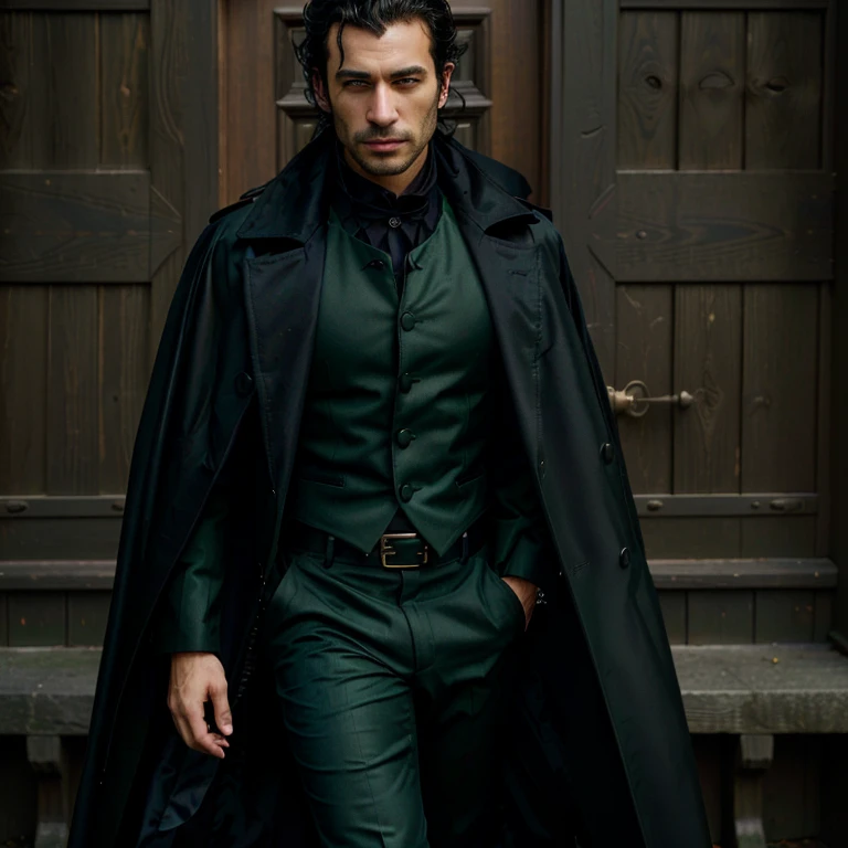 Arafed in a black coat, green shirt and black trousers, handsome man, Rogue Man, Black Stetson and coat, inspired by Max Magnus Norman, handsome, Black & Green, Sexy male, He is wearing a black cloak, masculinity, high-fashion, beautiful and elegant, epic and cool portrait, dark green tones, steampunk superhero, bangs hanging curls, exit in door, outdoor