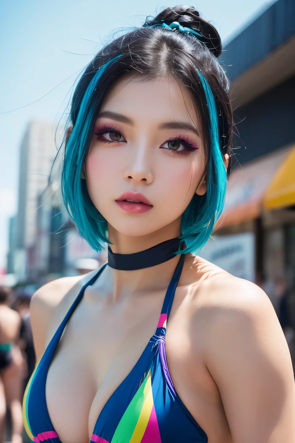 (Swimwear、Rubber material)、high quality, real、High resolution, Realistic、8k、masterpiece, detailed.impressive, Cutting-edge female photography portraits,Showcasing a bold and daring street-art style.Looking at the camera、Facing forward、cyan, and purple, Her vibrant makeup really catches the eye.. Her colorful hair is tied up high,