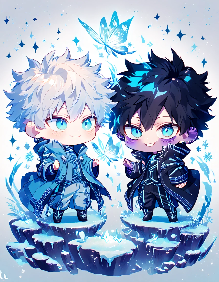 absurdres, highres, ultra detailed, HDR, master piece, best quality, extremely detailed face, delicated features, Dabi chibi, black hair, expressive turquoise eyes, Boku No Hero Academia, Gojou Satoru chibi, white hair, expressive blue eyes, white eyelashes, two boys together, yaoi, gay couple, cute, smiling, blue jacket with fur, black coat, fantasy, magical, ice, blue fire, ice butterflies, snowflakes, starry night