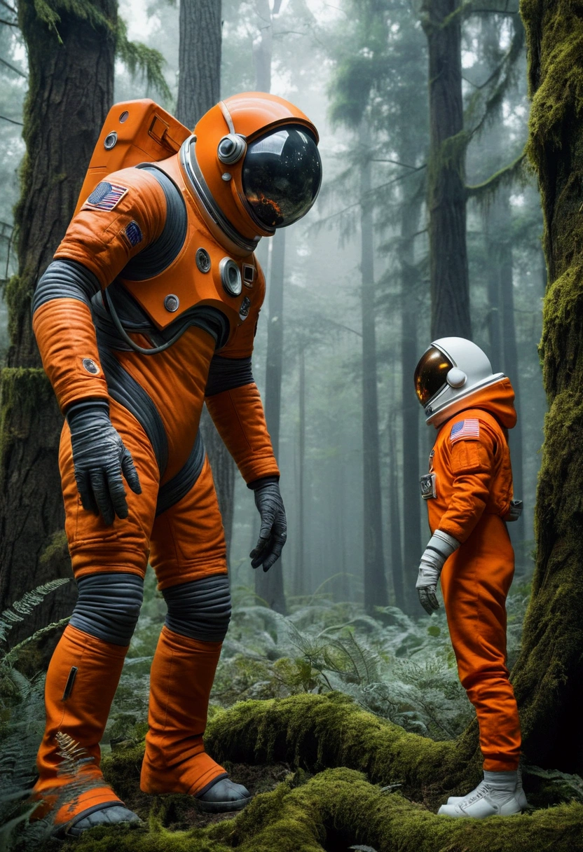 best quality, imposing, epic scene, astronaut in orange suit looking face to face with a giant alien with completely gray body color in a dense forest