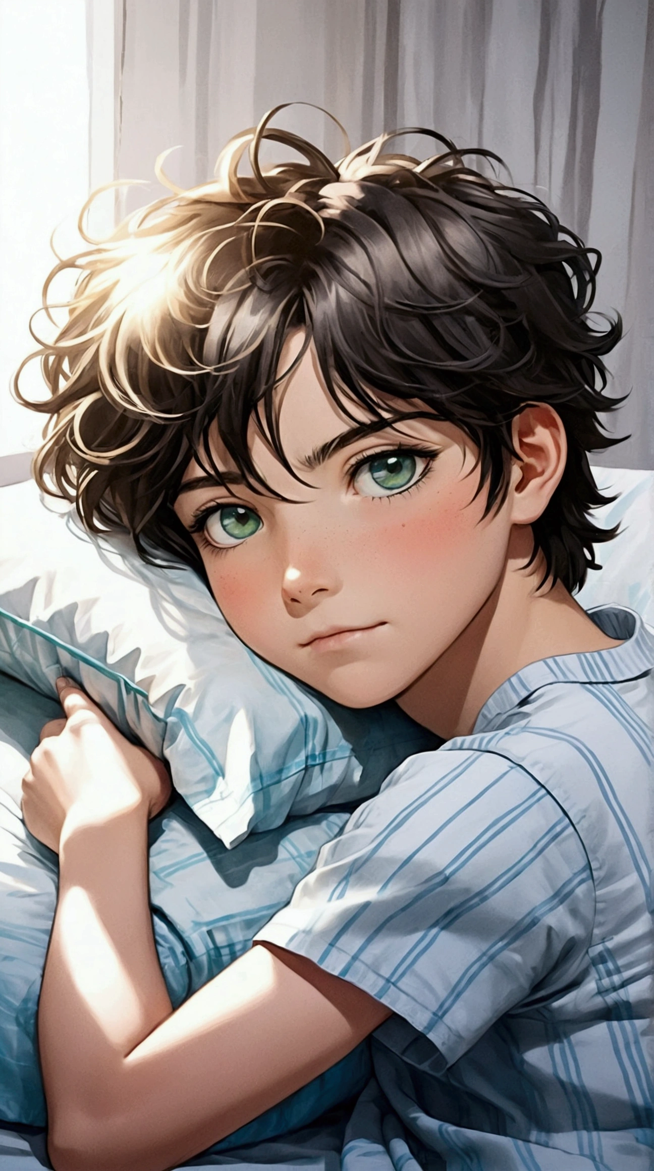 • Main character: Draw a fragile-looking ager, with slightly disheveled white hair. Your eyes must have central heterochromia, with the left eye having a green center and violet iris, and the right eye with a violet center and green iris. Your skin is clear, and he is wearing light blue or white hospital pajamas.
• Expression: Capture a serene or determined expression, despite the weakened condition.
• Environment: Place the character in a hospital bed, with white sheets. Add some medical equipment around, like an intravenous drip. The room must be clean and organized, with a window in the background, allowing soft natural light to enter.