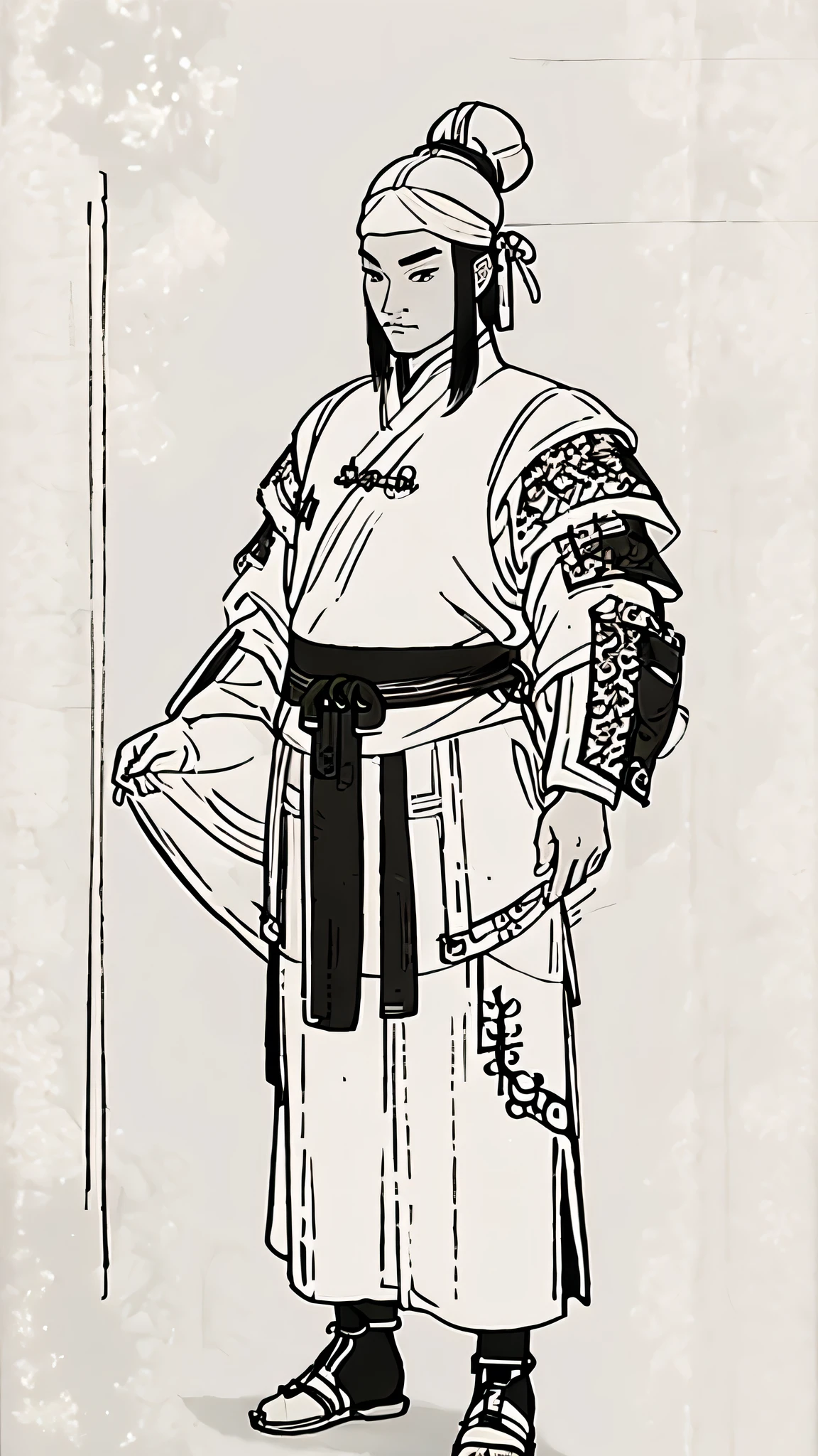 (((Monochrome)))、(((Ink Painting)))、((A handsome man in ancient China with a bun hairstyle and a white swimming cap))、Hands on hips、Line art、Oriental、Ultra-high resolution、Game Poster、Crisp and beautiful image quality、whole body ,(Ancient Chinese armor, Dragon head on shoulder, (Ancient Chinese armor with intricate pattern:1.2), gloves, Long trousers, (Very detailed, bloom:1.5), (Highest quality, Concept Art, 4K), (analog:1.2), (high sharpness), (Detailed pupil:1.1), Detailed face and eyes, masterpiece, Highest quality,8k, (Black Hair, Dynamic Short Hair), (PurerosFace_v1:0.2), [:(Detailed face:1.2):0.2], sharp, Realistic Shadows,  
