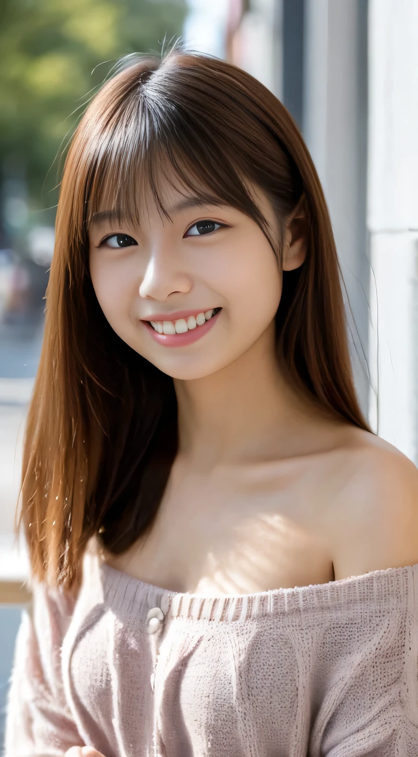 masterpiece,best quality,(Japanese girl),((Beautiful girl)),cleavage,(off shoulder:1.2),(perfect body beauty:1.2),(shy smile),beautiful teeth,From slightly above