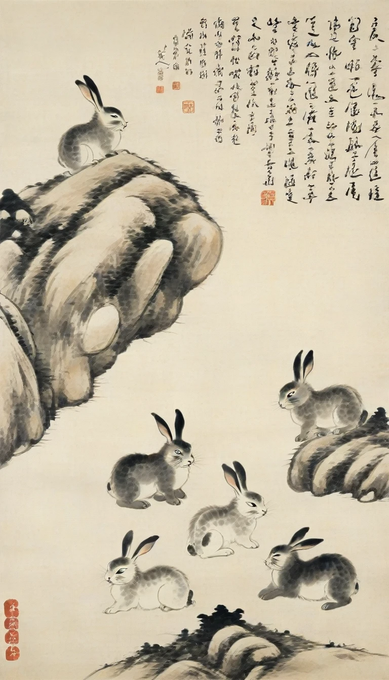 Chinese landscape painting,High resolution,No humans,A group of cute rabbits,the art of chinese calligraphy,Asian Artwork,Traditional Chinese Painting,ink A group of cute rabbits drawing,calligraphy,parchment,Vertical composition,minimum,Brush strokes,cultural,Seal Art,antique,artistic,Single subject,Text Overlay,Fine art,Chinese Text,Ink Painting,