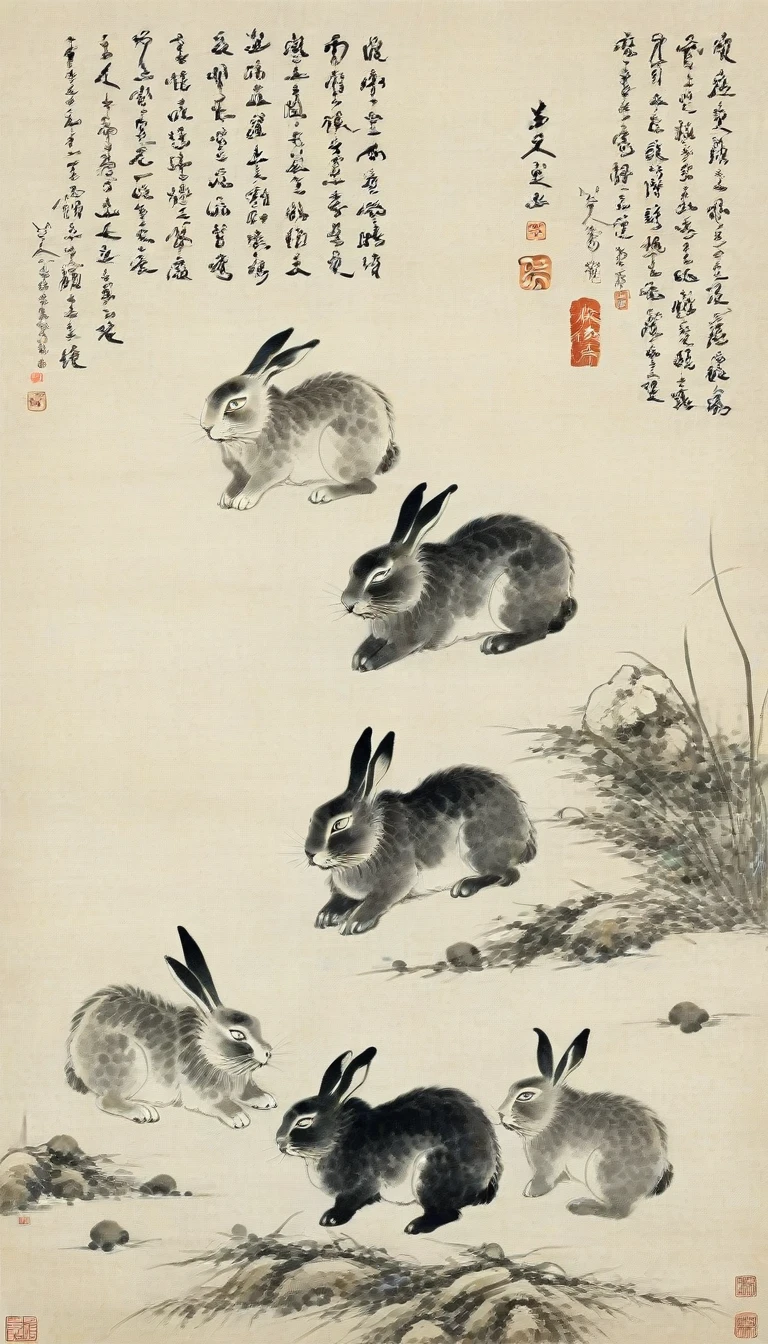 Chinese landscape painting,High resolution,No humans,A group of cute rabbits,the art of chinese calligraphy,Asian Artwork,Traditional Chinese Painting,ink A group of cute rabbits drawing,calligraphy,parchment,Vertical composition,minimum,Brush strokes,cultural,Seal Art,antique,artistic,Single subject,Text Overlay,Fine art,Chinese Text,Ink Painting,