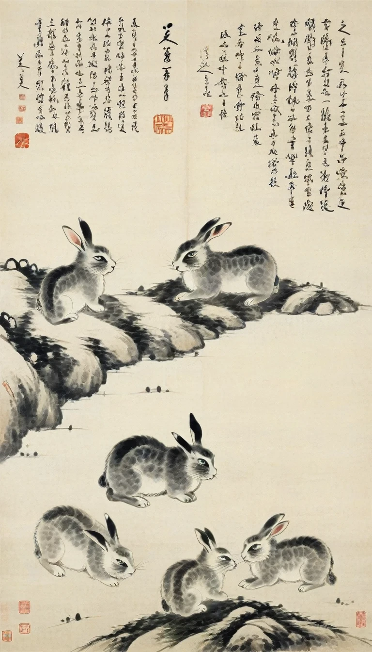 Chinese landscape painting,High resolution,No humans,A group of cute rabbits,the art of chinese calligraphy,Asian Artwork,Traditional Chinese Painting,ink A group of cute rabbits drawing,calligraphy,parchment,Vertical composition,minimum,Brush strokes,cultural,Seal Art,antique,artistic,Single subject,Text Overlay,Fine art,Chinese Text,Ink Painting,