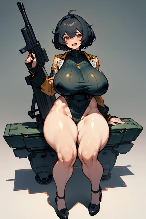 exited, smile, scream, Open mouth, young girl, Pullover, whole body to see, curly short hair, (( very wide hips)), (((colossal Thighs, gigantic thighs, very huge thighs, very big thighs))), fullbody, platform heels, black skin, very Big breast, gun, soldier girl , full body, military , white high cut leotard, cyberpunk, battle, gaterbelt,

