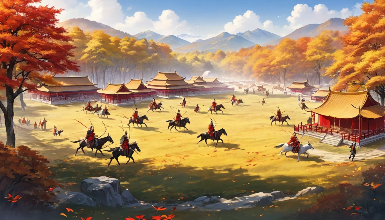 ancient china, royal tents on a meadow on the right of the border of a forest in autumn with red and yellow leaves, men and women wearing hanfu riding horses, using bow and arrow hunting deers and rabbits