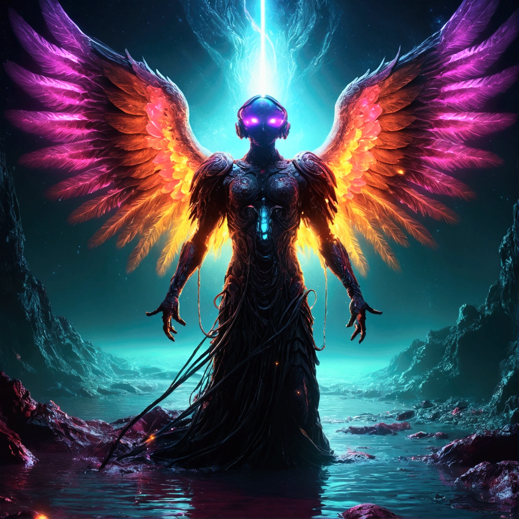 A Flood on the Planet with Cosmic Fallen Angel, glowing light eyes, Biomechanicals, weirdcore, frightful, nightmarish, very bright colors, light particles, with bright light, Mshiff, Wallpaper Art, UHD Wallpaper