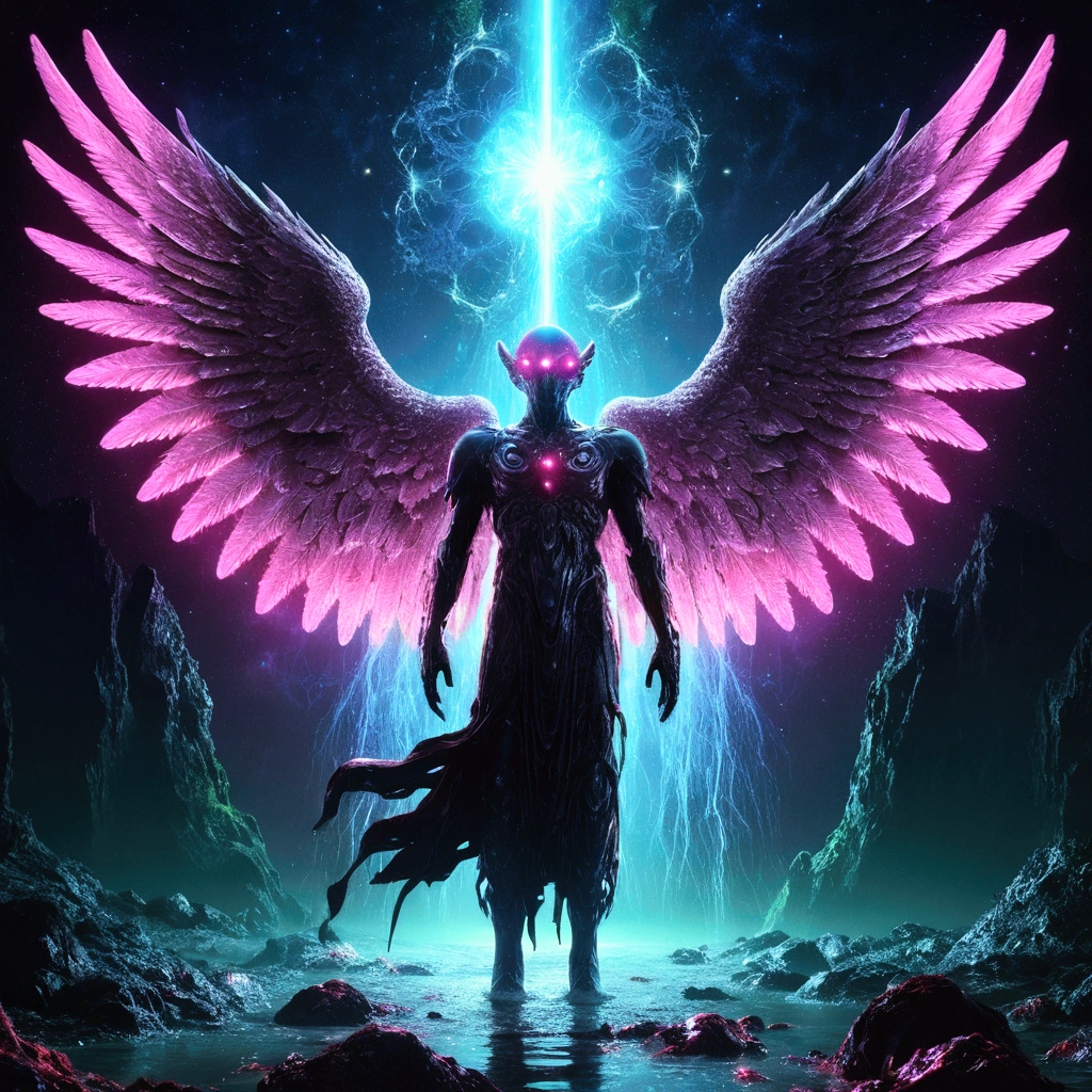 A Flood on the Planet with Cosmic Fallen Angel, glowing light eyes, Biomechanicals, weirdcore, frightful, nightmarish, very bright colors, light particles, with bright light, Mshiff, Wallpaper Art, UHD Wallpaper