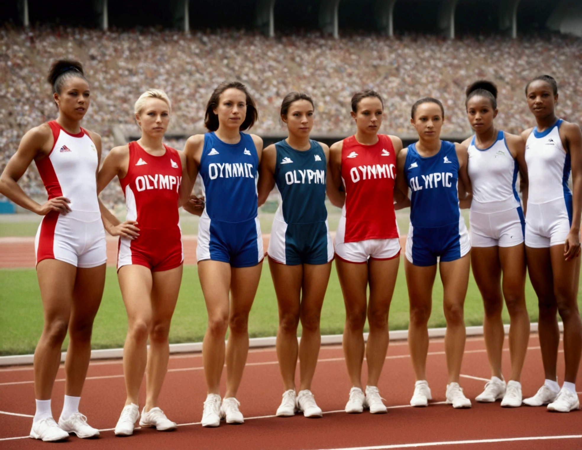 Olympic Sprinters line up on the race course (female, varied age, varied race, uniforms are different (shorts, jersey, nation tunic, sports shoes), race track starting line, stadium nearby