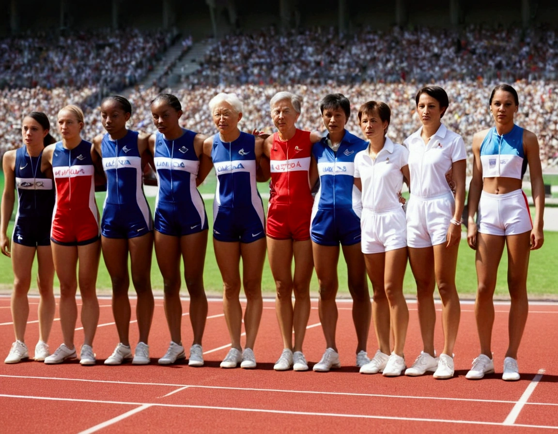 Olympic Sprinters line up on the race course (female, varied age, varied race, uniforms are different (shorts, jersey, nation tunic, sports shoes), race track starting line, stadium nearby
