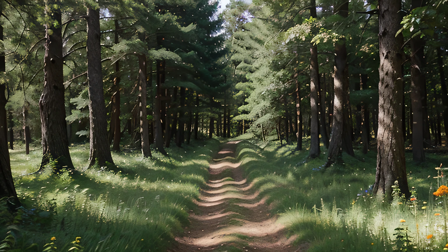 "A forest path covered in green leaves and wildflowers"