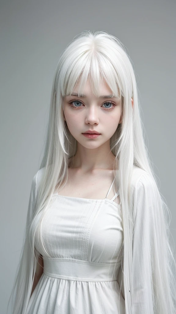 There is a woman with white hair posing for a photo., long white hair and bangs, white bangs, white hime cut hairstyle, with long white hair, cabello con white bangs, white hair color, with long white hair, white hair with fringes, white straight hair, Beautiful white hair, Girl with white hair, Her hair is white, intense white fur