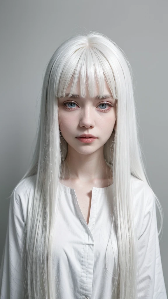 There is a woman with white hair posing for a photo., long white hair and bangs, white bangs, white hime cut hairstyle, with long white hair, cabello con white bangs, white hair color, with long white hair, white hair with fringes, white straight hair, Beautiful white hair, Girl with white hair, Her hair is white, intense white fur