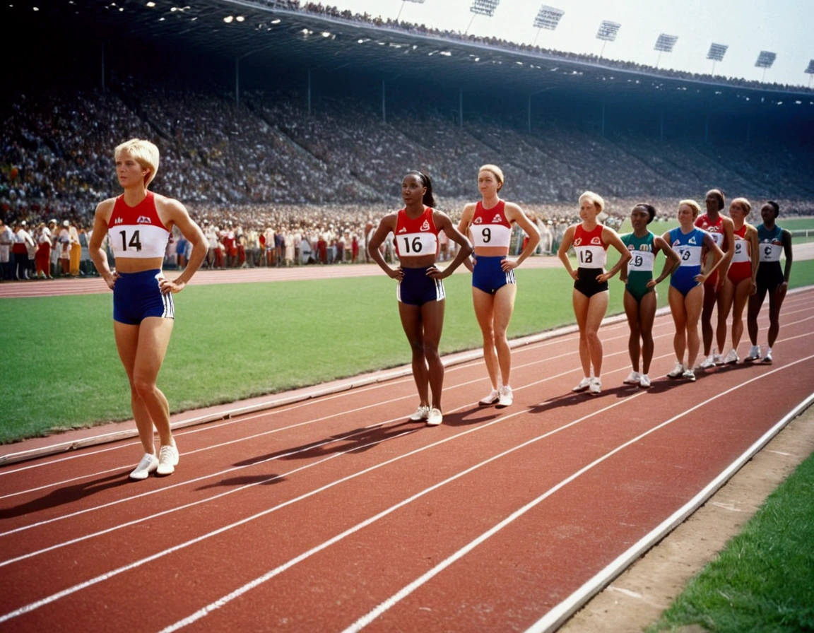 Olympic Sprinters line up on the race course (female, varied age, varied race, uniforms are different (shorts, jersey, nation tunic, sports shoes), race track starting line, stadium nearby
