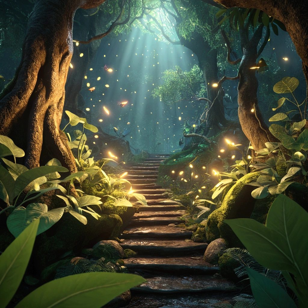master part, best quality, (very detailed CG unity 8k wallpapers), (best quality), (better illustrations), (better shadows), tema floresta com natural elements. Tall trees, quiet streams, glowing little mushrooms, surrounded by delicate leaves and branches, with fireflies and glowing particle effects,, (natural elements), (jungle theme), (Sheets), (branches), ( fireflies), butterflys, (leaves delicate), (Glow Up), (particle effects). , 3d isometric, octane rendering, ray tracing, super verbose