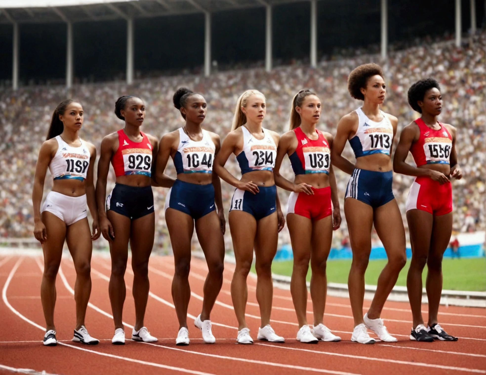Olympic Sprinters line up on the race course (female, varied age, varied race, uniforms are different (shorts, jersey, nation tunic, sports shoes), race track starting line, stadium nearby