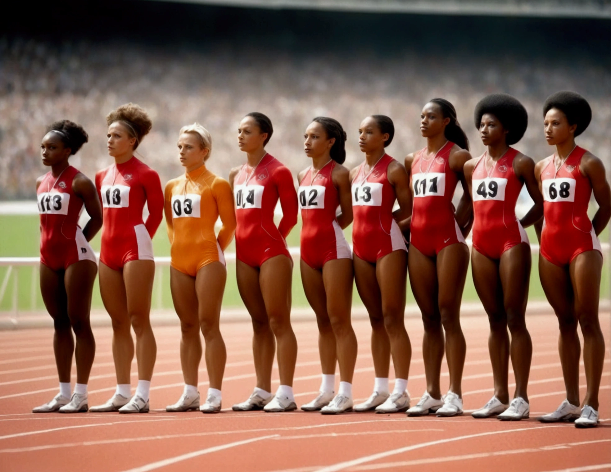 Olympic Sprinters line up on the race course (female, varied age, varied race, uniforms are different (shorts, jersey, nation tunic, sports shoes), race track starting line, stadium nearby
