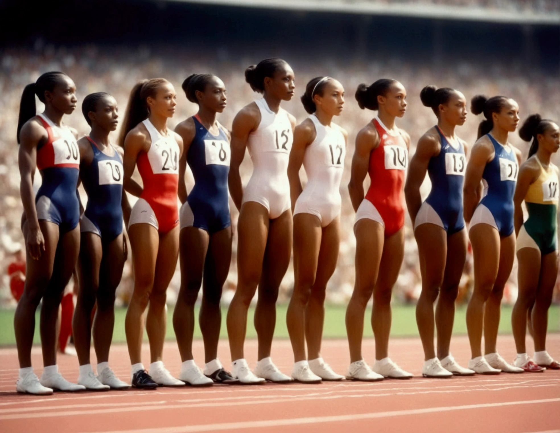 Olympic Sprinters line up on the race course (female, varied age, varied race, uniforms are different (shorts, jersey, nation tunic, sports shoes), race track starting line, stadium nearby
