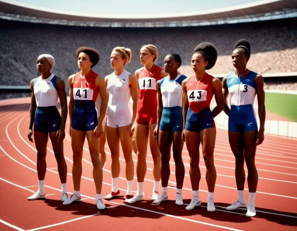Olympic Sprinters line up on the race course (female, varied age, varied race, uniforms are different (shorts, jersey, nation tunic, sports shoes), race track starting line, stadium nearby
