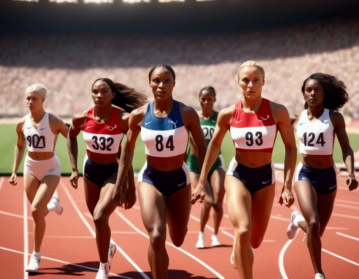 Olympic Sprinters line up on the race course (female, varied age, varied race, uniforms are different (shorts, jersey, nation tunic, sports shoes), race track starting line, stadium nearby