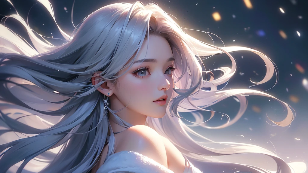 ((masterpiece:1.5、8k、Portraiture、フォトリアリスティックでVery detailedなCG、Very detailed、Particle Effects、Dynamic Effects、Shallow depth of field、Cinematic Light、Lens flare、Ray Tracing、Tabletop、Realistic:1.4、Ultra-high resolution:1.2、Realistic、Realistic))((alone、1 girl,A woman wearing a cashmere coat over an off-the-shoulder dress:1.4、Elegant woman posing、Look Up、Detailed face、bright表情、young, bright, Whiter skin、small breasts、Best Looks、Ultimate beauty、Shiny silver hair with highlights、bright and shiny hair,、Super long, Silky straight hair、Hair dancing in the wind))(morning、The setting is outdoors in the snow、Surrounded by illuminations)Wear warm clothes