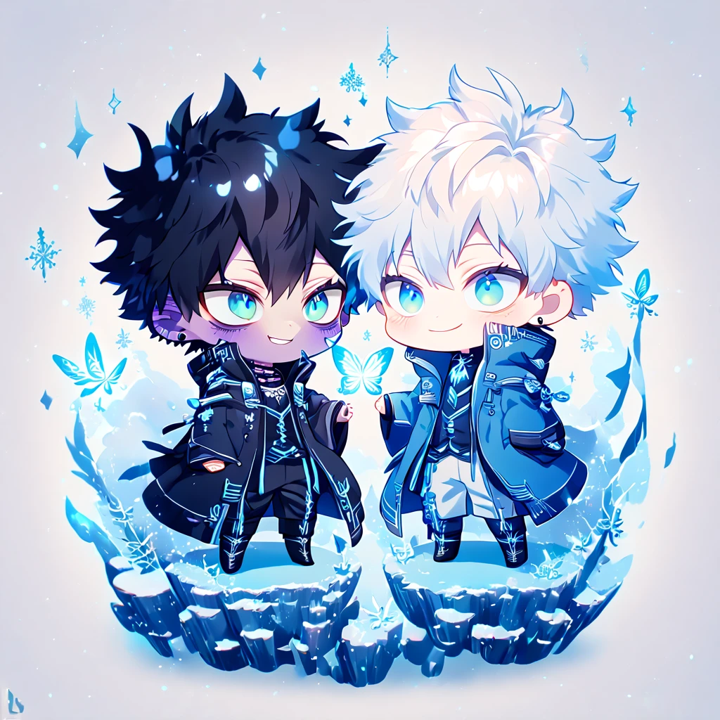 absurdres, highres, ultra detailed, HDR, master piece, best quality, extremely detailed face, delicated features, Dabi chibi, black hair, expressive turquoise eyes, Boku No Hero Academia, Gojou Satoru chibi, white hair, expressive blue eyes, white eyelashes, two boys together, yaoi, gay couple, cute, smiling, blue jacket with fur, black coat, fantasy, magical, ice, blue fire, ice butterflies, snowflakes, blue flames 