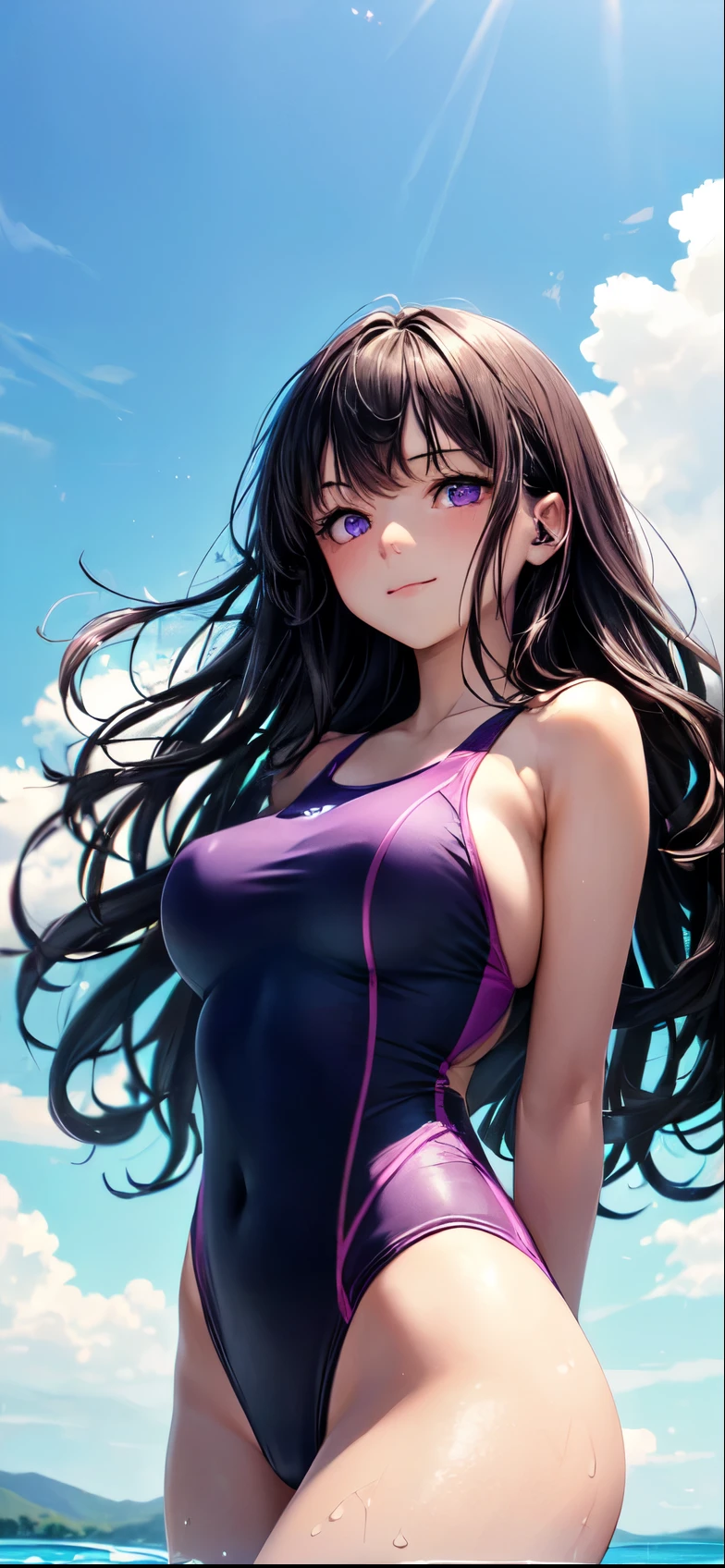 (((4K,masterpiece,best quality,ultra detailed,high resolution))),(daytime,clear weather,front light),((solo)),looking viewer,(beautiful girl),(age),(black hair,medium hair,natursl wavy hair),(beautiful detailed face,beautiful detailed purple eyes),(finely detailed skin,fair skin),slender,light smile,shy,(pink swimsuits,one-piece competition swimsuits),(on the besutiful lake,beautiful sky),(arms behind back),(cowboy shot,from below), (sagging breast,sideboob)