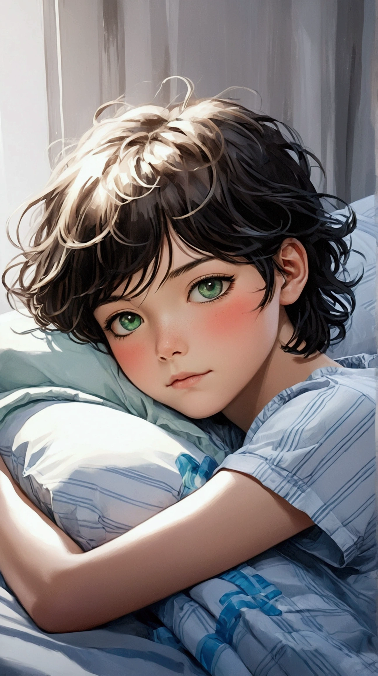 • Main character: Draw a fragile-looking teenager, with slightly disheveled white hair. Your eyes must have central heterochromia, with the left eye having a green center and violet iris, and the right eye with a violet center and green iris. Your skin is clear, and he is wearing light blue or white hospital pajamas.
• Expression: Capture a serene or determined expression, despite the weakened condition.
• Environment: Place the character in a hospital bed, with white sheets. Add some medical equipment around, like an intravenous drip. The room must be clean and organized, with a window in the background, allowing soft natural light to enter.