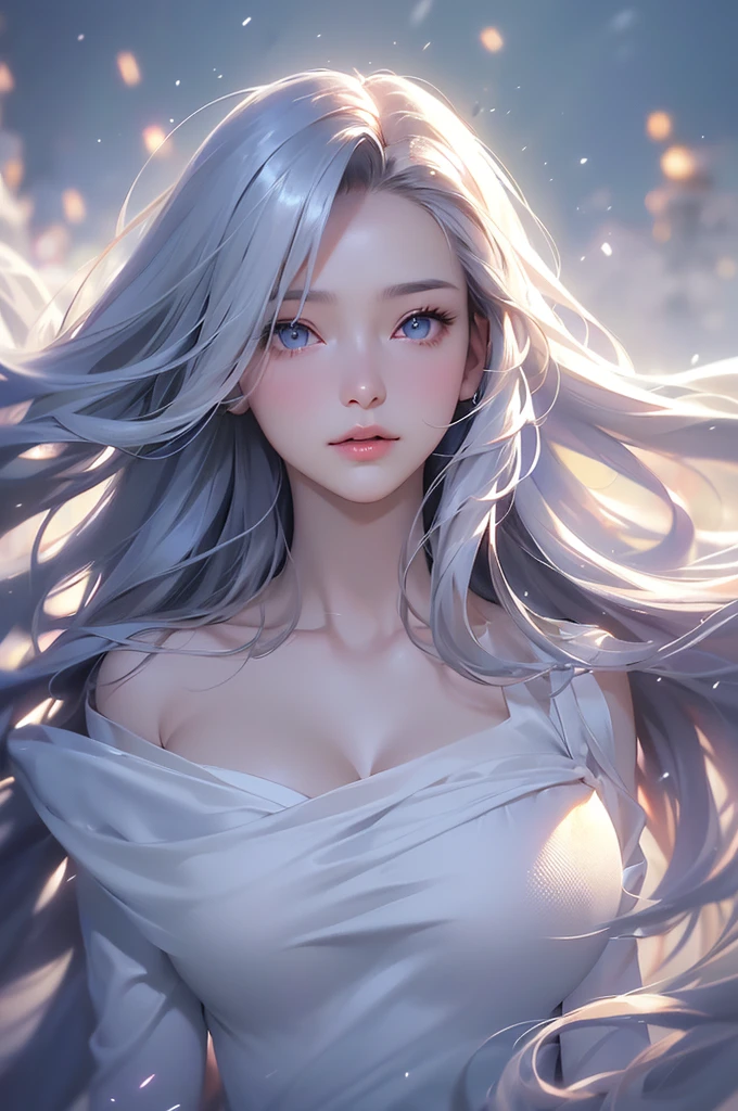 ((masterpiece:1.5、8k、Portraiture、フォトリアリスティックでVery detailedなCG、Very detailed、Particle Effects、Dynamic Effects、Shallow depth of field、Cinematic Light、Lens flare、Ray Tracing、Tabletop、Realistic:1.4、Ultra-high resolution:1.2、Realistic、Realistic))((alone、Woman wearing a cashmere coat:1.4、Elegant woman posing、look up、Detailed face、bright表情、young, bright, Whiter skin、small breasts、Beautiful cleavage、Best Looks、Ultimate beauty、Shiny silver hair with highlights、bright and shiny hair,、Super long, Silky straight hair、Hair dancing in the wind))(morning、The setting is outdoors in the snow、Surrounded by illuminations)