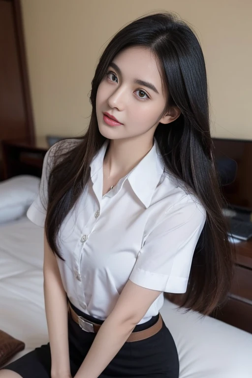 side pose:1.2, thai university uniform:1.4,Close ~ eyes:1.2,Open your mouth:1.2,Tired face:1.2,Face of Suffering:1.2,sky face:1.2,sleeping face:1.2, white short-sleeve button up shirt:1.2, black tight mini skirt:1.2, brown suede belt:1.2, silver metal shirt buttons:1.2, black straight long hair, masterpiece、beautiful girl、fine 目、puffy eyes、highest quality, High resolution, (reality: 1.4), Cinema Lighting,so beautiful、Beautiful Skin、(super reality)、(High resolution)、(8k)、(Very detailed)、(beautiful and fine 目)、(Very detailed)、 Detailed face, 20s, in the dark bedroom:1.3, looking up the sky:1.2, dark tone:1.2, cowboy shot:1.1, hair on the face:1.2, hide hands between legs:1.2, perfect figure, perfect body proportions