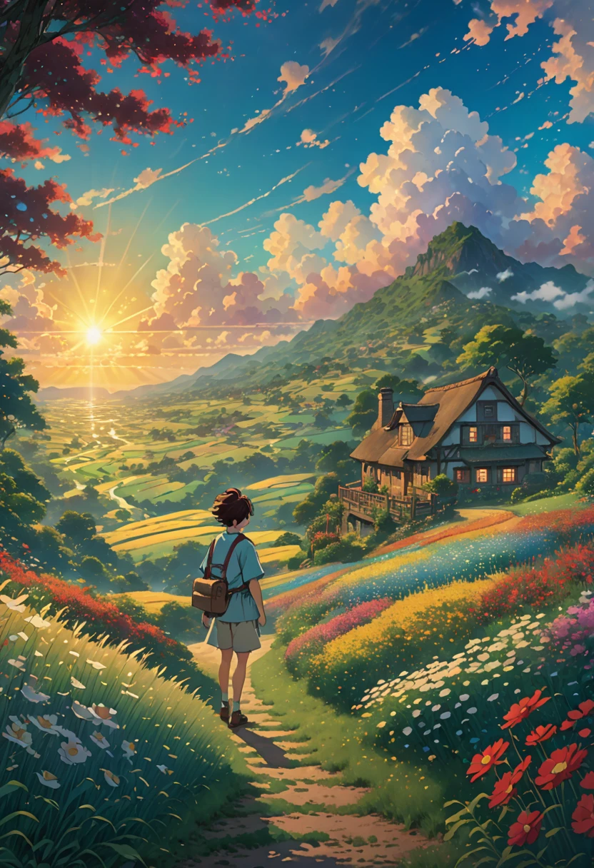 Studio ghibli field tall grasses sun hinkai, bottom view. 
     beautiful anime scene, dreamy, majestic, 4k anime wallpaper, amazing miyazaki, thomas kinkade matte 4k, Aries Moross art.boy HD 8K