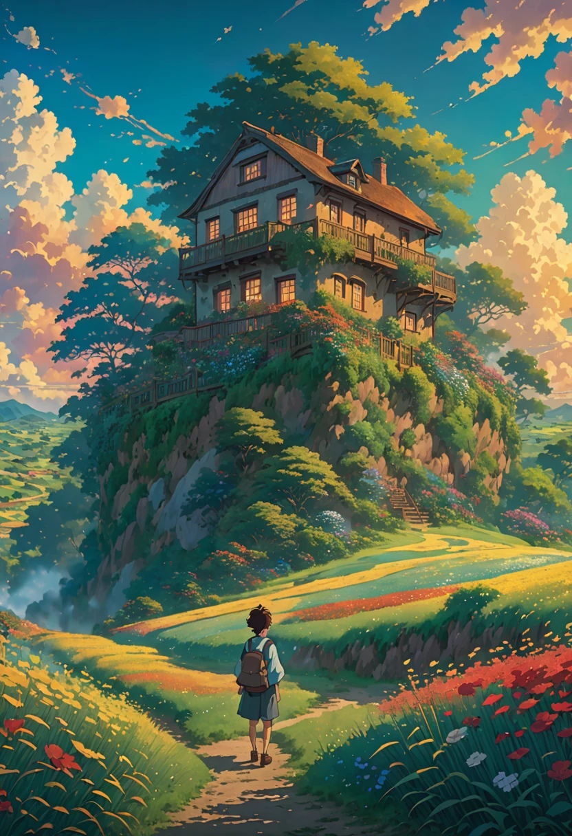 Studio ghibli field tall grasses sun hinkai, bottom view. 
     beautiful anime scene, dreamy, majestic, 4k anime wallpaper, amazing miyazaki, thomas kinkade matte 4k, Aries Moross art.boy HD 8K