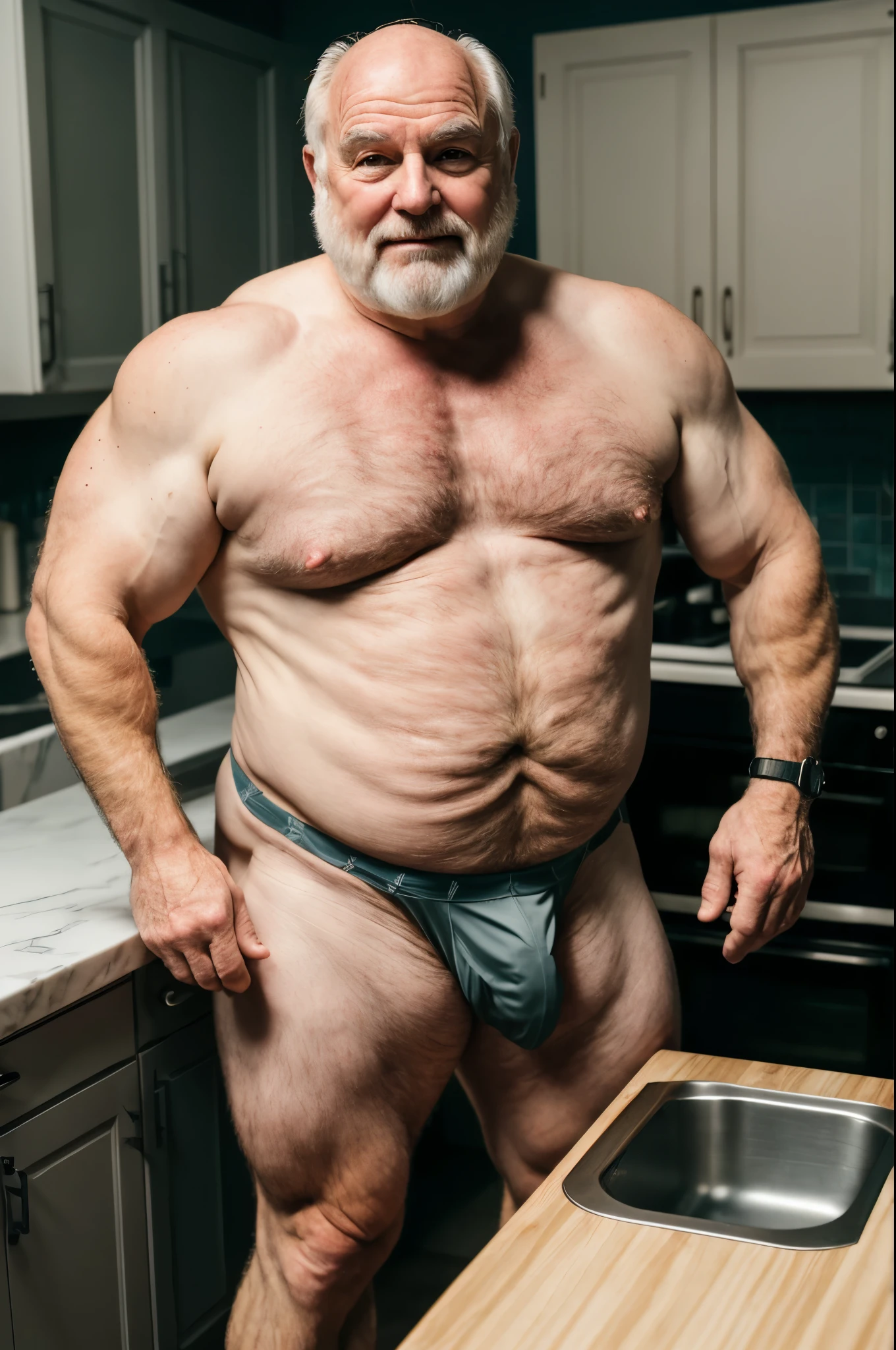 mature, old, man, grandpa, virile, tough, meaty, plump, stocky, bulging, massive feet, scruffy, natural white body hair, pale skin, smirk, naughty, standing, micro thong lingerie, barefoot, RAW photo, subject, 8k uhd, dslr, soft lighting, high quality, film grain, Fujifilm XT3, intricate details, kitchen