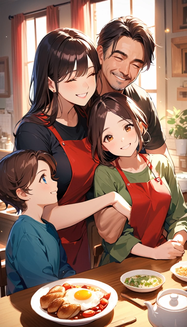 A warm and intimate family breakfast scene. A room filled with natural light. The father with short black hair and wearing a black T-shirt, smiling gently as he leans close to the mother and daughter. The mother with long dark brown hair, wearing a blue top and a red apron, also smiling. The daughter with short light brown hair, wearing a green shirt and a red apron, smiling happily. They are enjoying a meal together at the table.