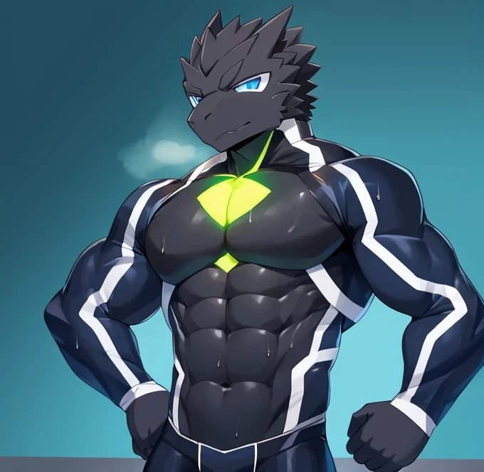 Thin macho western black dragon abs Hollow abs body suit thick arms chest rig 、sweaty skin glow profile Wearily short of breath Chemo shota Thick chest have a blue eyes Tired look Glowing abs Deep abdominals jacket profile one person
