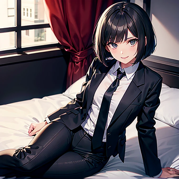 Woman with bob cut hair　smile　Wearing a tie　wearing a black pantsuit　Sitting on the bed