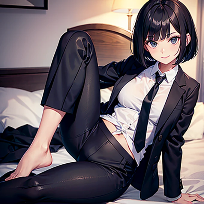 Woman with bob cut hair　smile　Wearing a tie　wearing a black pantsuit　Sitting on the bed