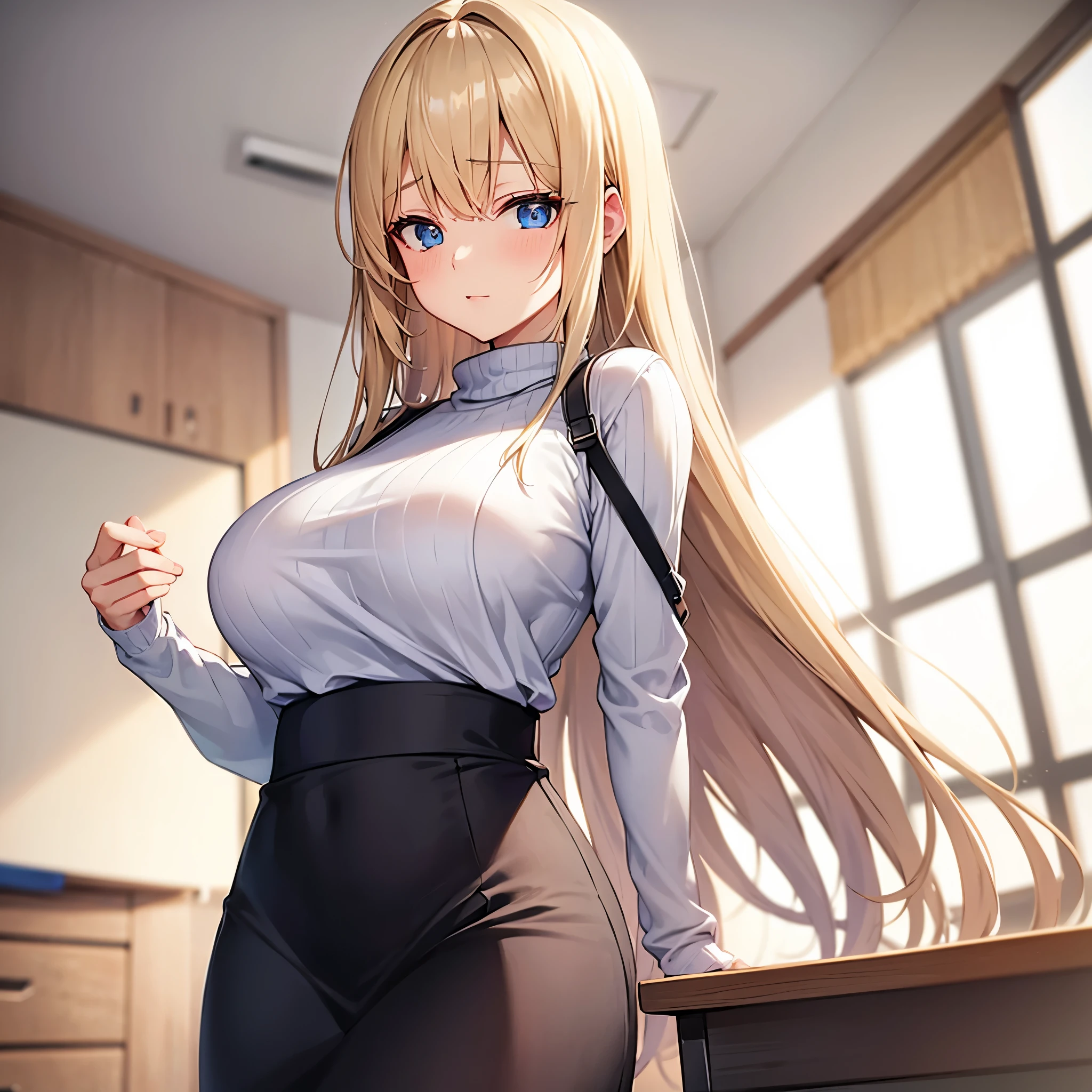 woman, blonde hair, blue eyes, white sweater, long black skirt,in classroom,big bobbies,front