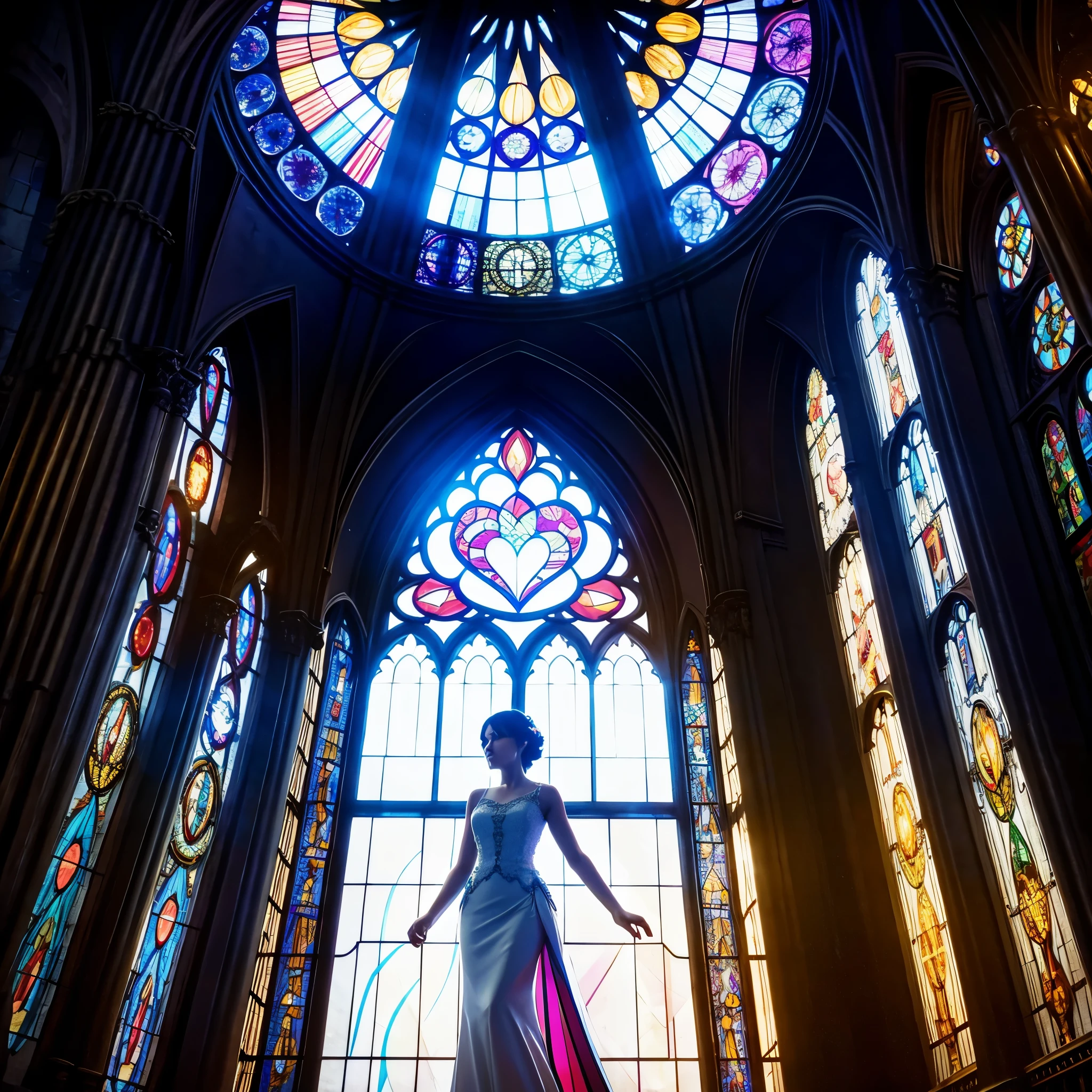  (Cathedral from below:1.28) (ZoomLayer) TopQuality 8K masterpiece of ((Professional photo)), (((Clarisse de Cagliostro))) (Detailed White WeddingDresses), Chain, (((Extremely detailed KAWAII face))) {((VeiledFace))|BlondeHair|(Elaborate BuleEyes)with(SparklingHighlights:1.28)}, The background is distant (((Elaborate stained glass))) Rainbow Glass, {(MysticSight)|EnchantingAtmosphere|Haze|(GodRays)|TyndallEffect}, Radiant PearlSkin with Transparency, (Exposed:0.39)