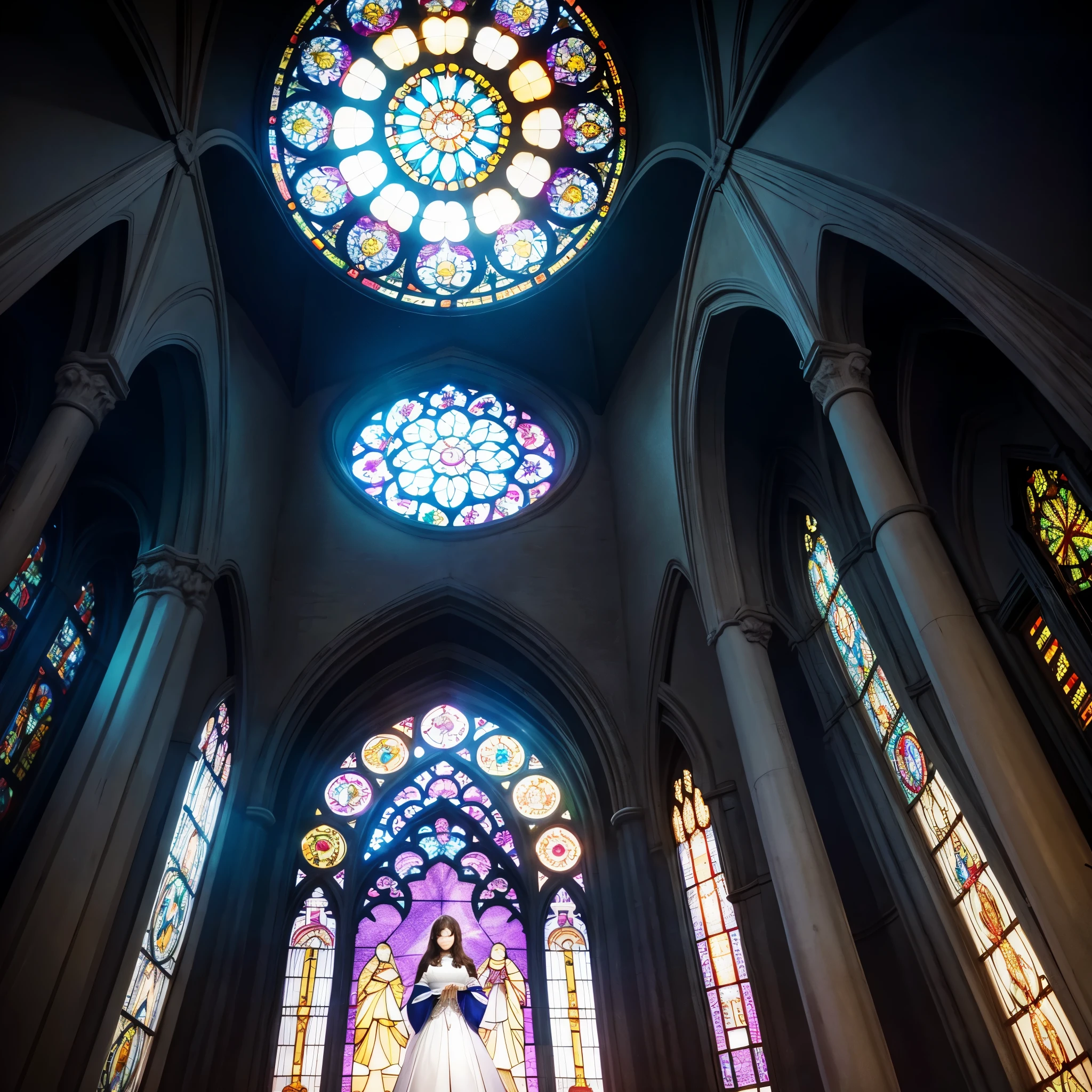 (Cathedral from below:1.28) (ZoomLayer) TopQuality 8K masterpiece of ((Professional photo)), (((Clarisse de Cagliostro))) (Detailed White WeddingDresses), Chain, (((Extremely detailed KAWAII face))) {((VeiledFace))|BlondeHair|(Elaborate BuleEyes)with(SparklingHighlights:1.28)}, The background is distant (((Elaborate stained glass))) Rainbow Glass, {(MysticSight)|EnchantingAtmosphere|Haze|(GodRays)|TyndallEffect}, Radiant PearlSkin with Transparency, (Exposed:0.39)