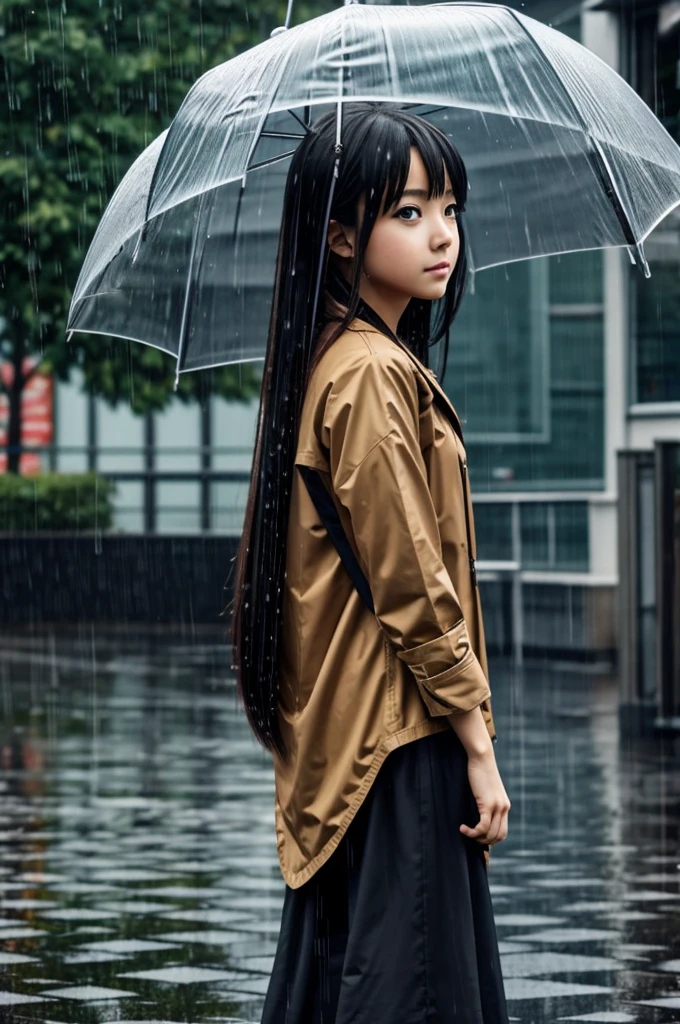 Anime style girl looking at the rain