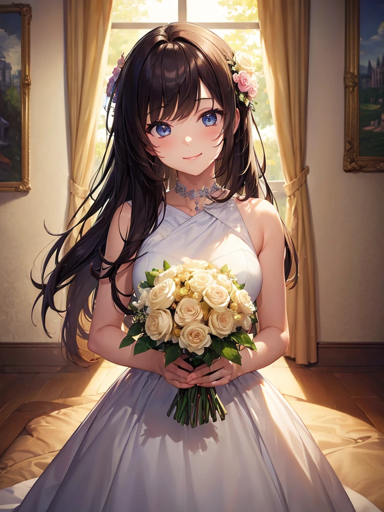 (masterpiece:1.5),(Beat quality),(high res),1girl solo,beautiful face,smile(shining eyes),upper body,light effects,Woman in plain clothes,bouquet,room