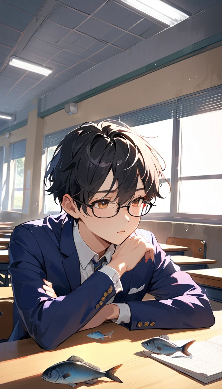 18 years old, a handsome boy, Black Hair, Short Hair,Glasses, blazer, high school student,Introvert,Eyes like dead fish,In the classroom,(Dense atmosphere)