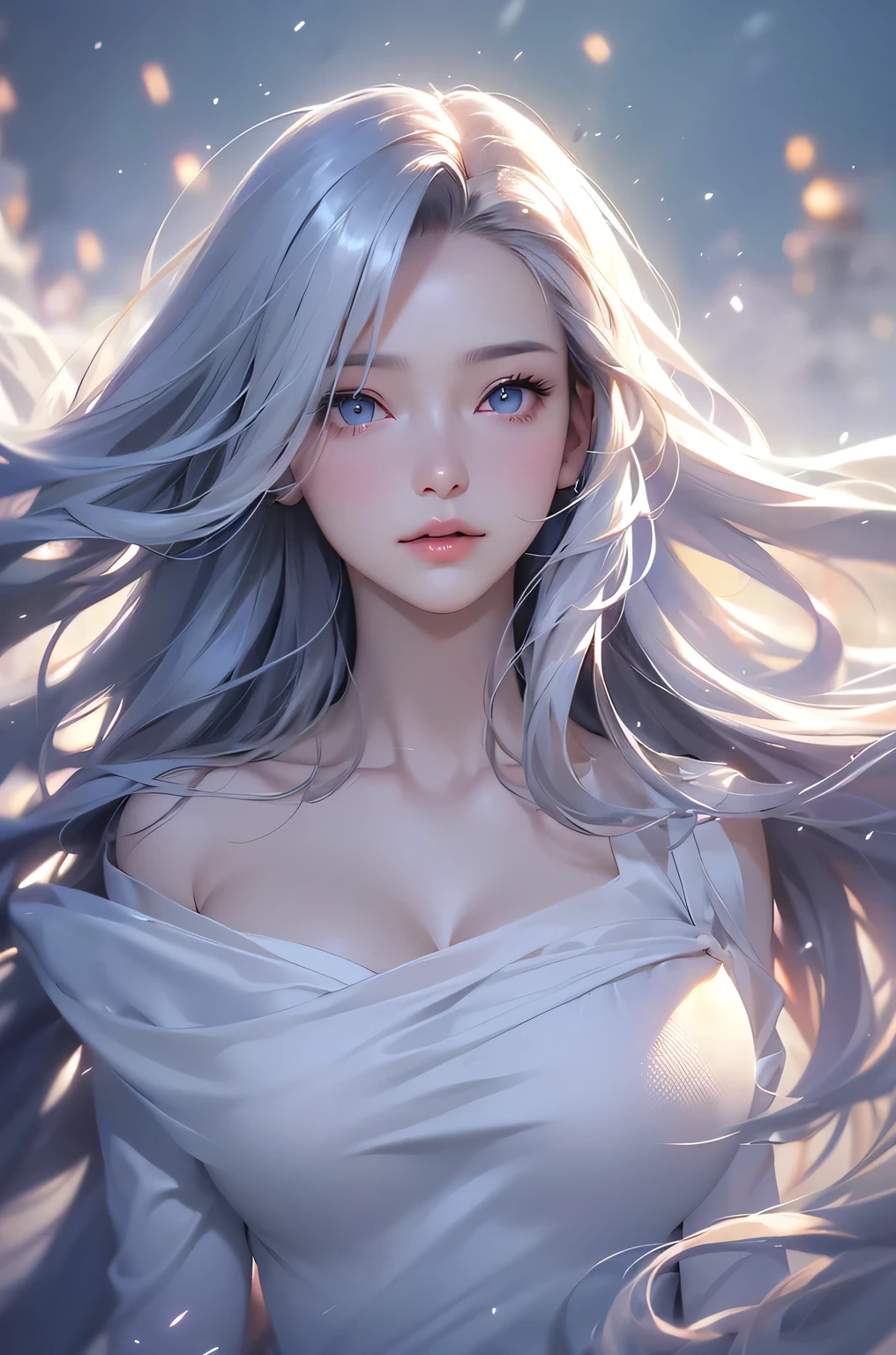 ((masterpiece:1.5、8k、Portraiture、Photorealistic and very detailed CG、Very detailed、Particle Effects、Dynamic Effects、Shallow depth of field、Cinematic Light、Lens flare、Ray Tracing、Tabletop、Realistic:1.4、Ultra-high resolution:1.2、Realistic、Realistic))((alone、Woman wearing a cashmere coat:1.4、Elegant woman posing、look up、Detailed face、brightexpression、young, bright, Whiter skin、small breasts、Beautiful cleavage、Best Looks、Ultimate beauty、Shiny silver hair with highlights、bright and shiny hair,、Super long, Silky straight hair、Hair dancing in the wind))(morning、The setting is outdoors in the snow、Surrounded by illuminations)
