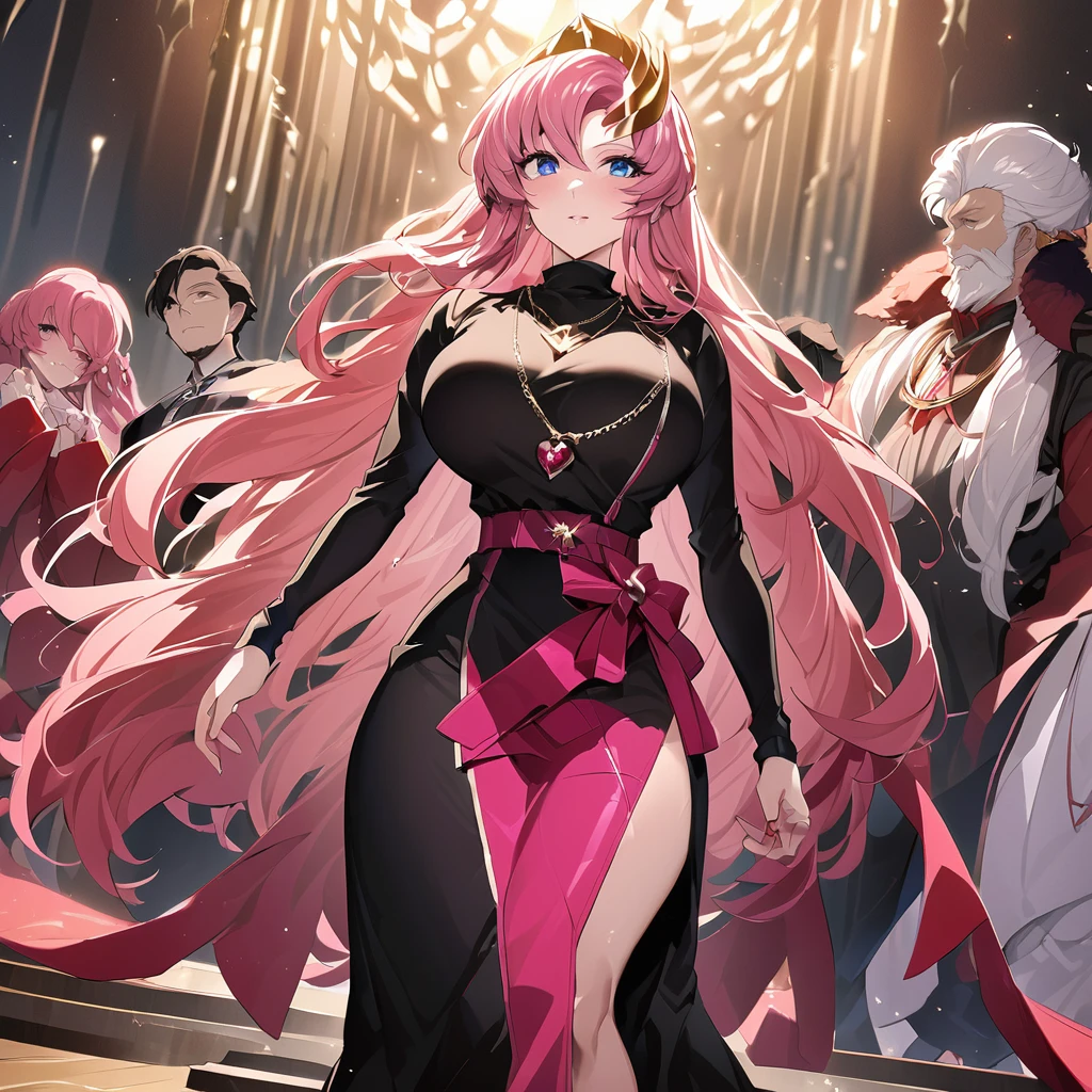 ((Highest quality)), ((masterpiece)), (detailed), (Perfect Face)、The woman is Lacus Clyne, the wife of the leader of the Evil God Cult. She has blue eyes, medium-long pink hair, a hair accessory, and is wearing the suspicious and luxurious Evil God Cult uniform, as well as a necklace and accessories with devil symbols, a gorgeous head chain tiara, and an engagement ring.、The woman is the wife of a middle-aged, bearded cult leader who is revered by a mysterious cult of evil gods.、He is standing at the altar of the Evil God Cult with a mysterious cult leader dressed in luxurious cult leader clothing.