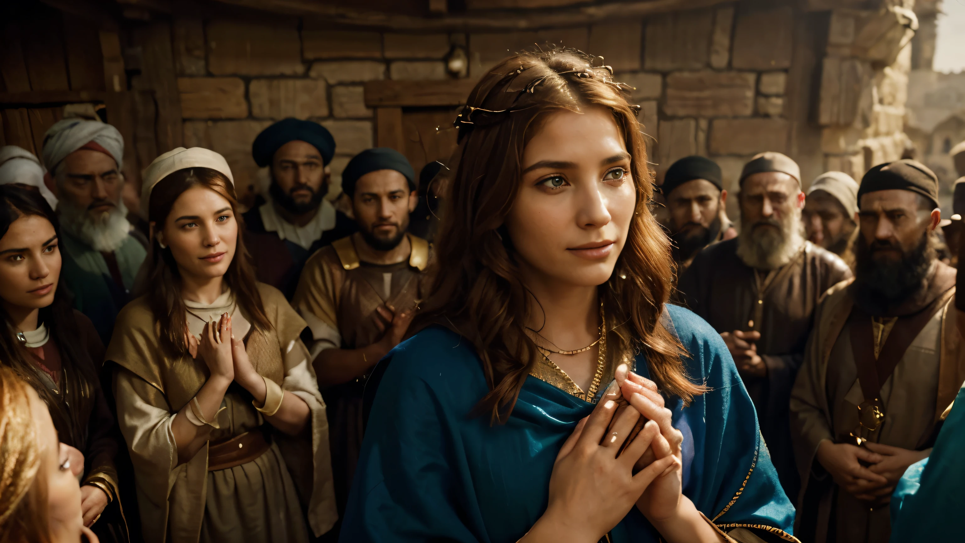 Photographie cinématographique de Sara, l'épouse gracieuse et honnête d'Abraham: (Meilleure qualité, 4k, 8k, haute résolution, style cinématographique pixar). Autour d'elle, et en arrière-plan des milliers d'Israélites, Hommes et femmes israélites, rassemblés autour d'elle, Exprimant sa gratitude, s'inclinant devant Sarah, une matriarche élégante, son visage rayonnant de chaleur et de gentillesse, portant des vêtements d'époque biblique et un manteau aux couleurs vives couvrant une partie de ses cheveux couleur miel et ses yeux verts, accordant un doux sourire aux villageois, ses yeux honnêtes reflétant un lien profond avec chaque âme, le respect et l'amour de son peuple évident dans chaque regard, style cinématique pixar