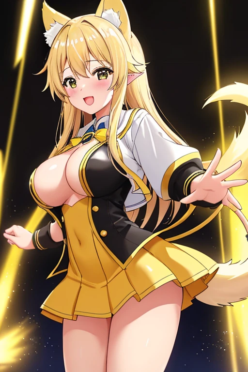 With a girl、high school 、Ultra HD、8k、Delicate hands、Yellow ears、Yellow clothes、Blonde、Black Tail、lightning、 Ample breasts、Five Fingers